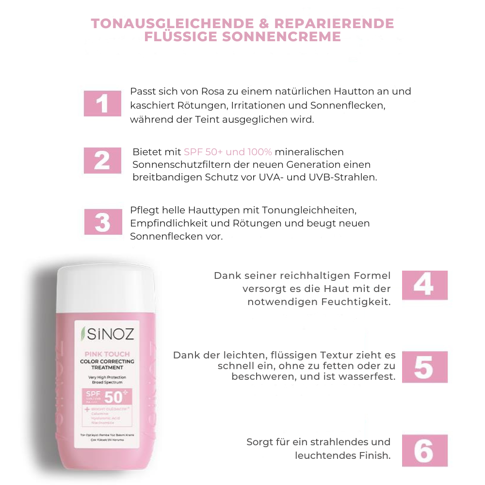 Sinoz Pink Touch getönte Flüssigsonnencreme SPF50 – Speziell für helle Hauttypen
